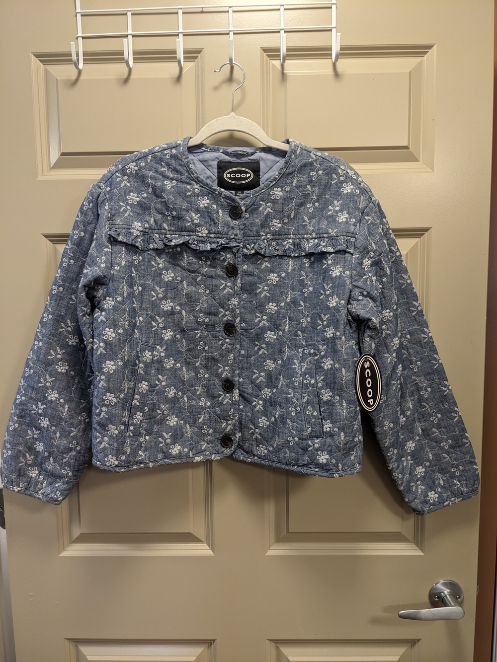 Scoop Quilted Eyelet Floral Embroidery Jacket With Puff Sleeves Sz M (4-6)